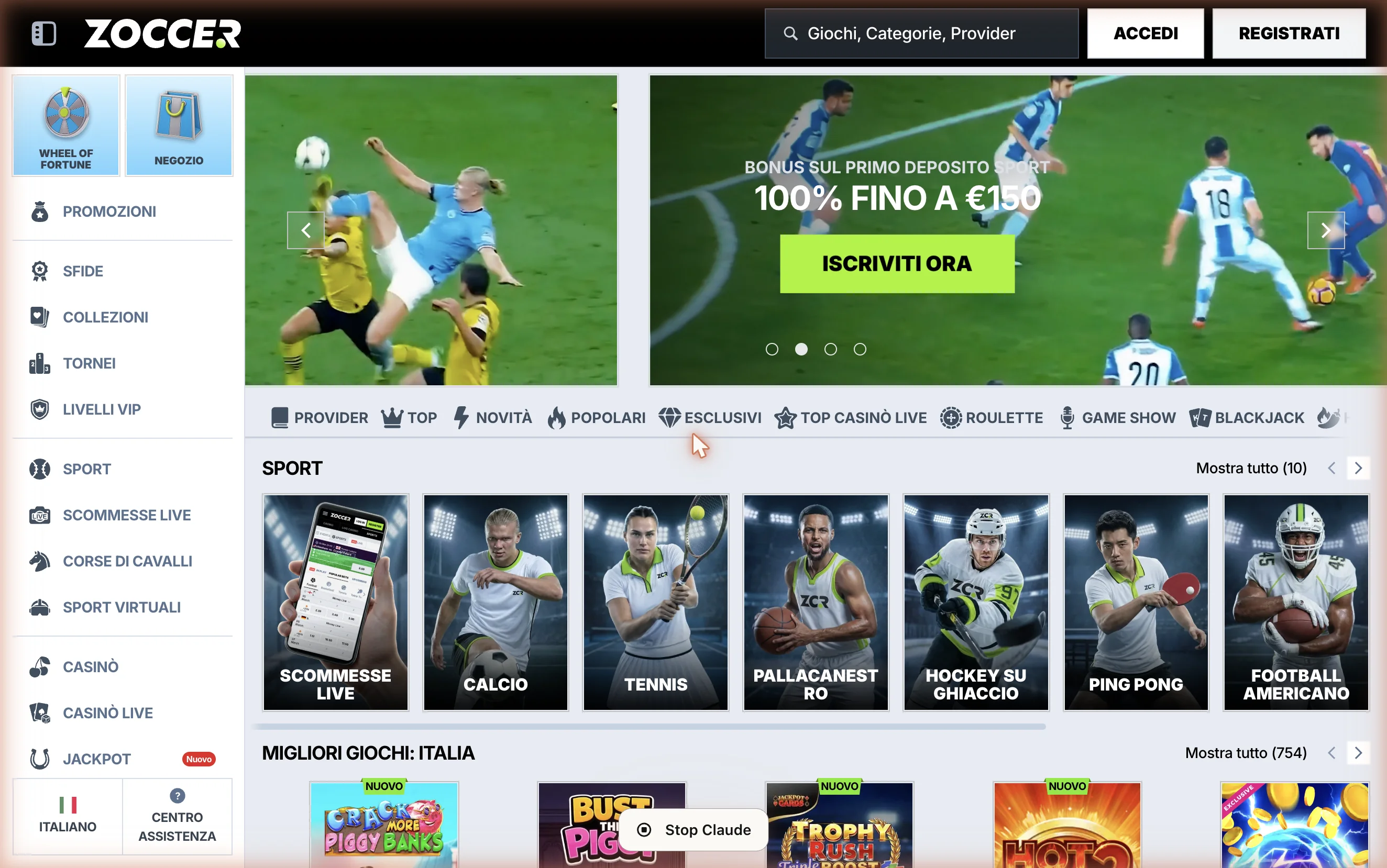 homepage Zoccer con banner rotante del bonus di benvenuto cripto (200% fino a 3.000 USDT) e scorciatoie categorie: Provider, Top, Novità, Popolari, Esclusivi