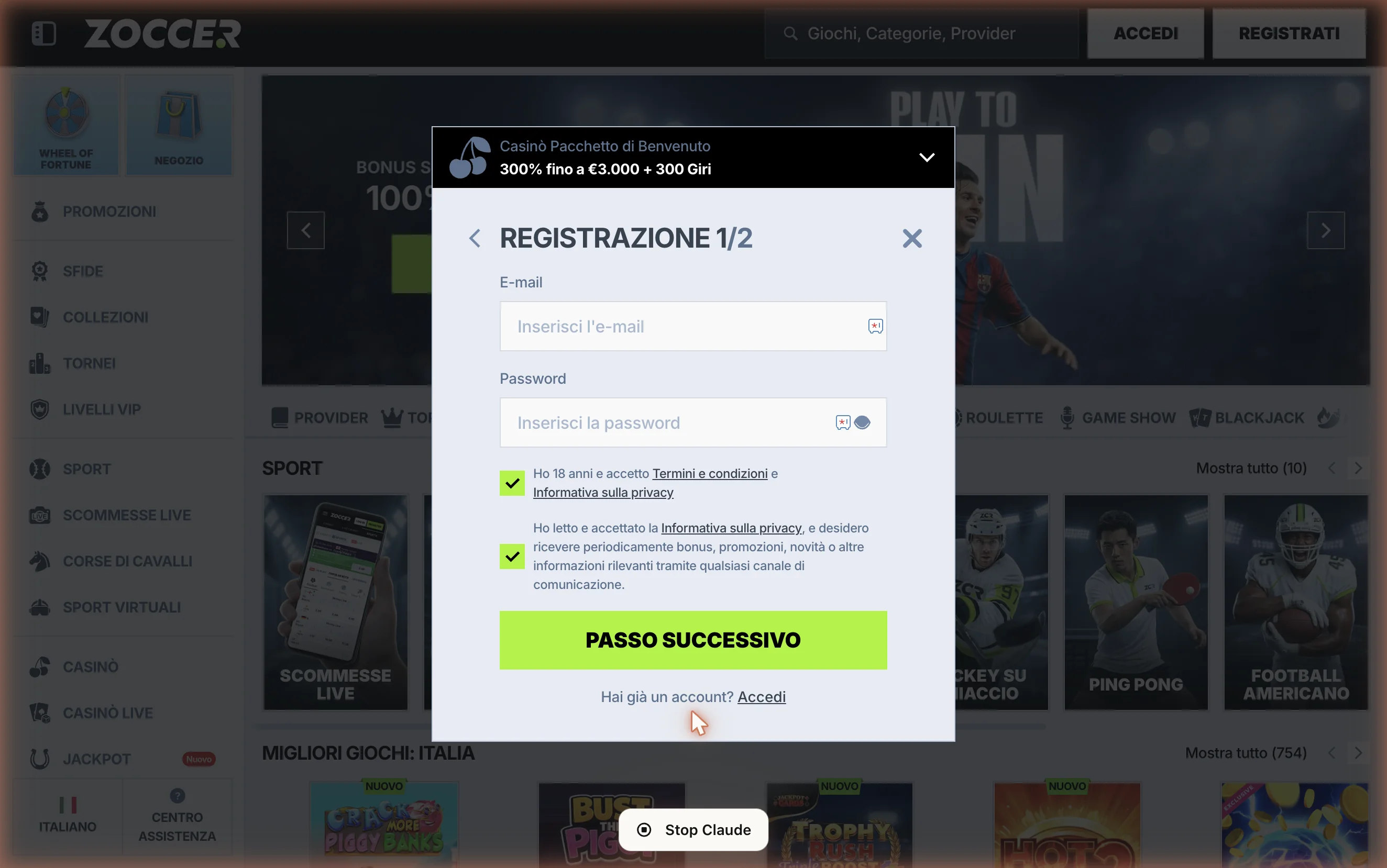 modulo di registrazione Zoccer, step 1/2: campo email, campo password, checkbox età 18+/Termini, checkbox marketing, pulsante verde “Passo successivo”
