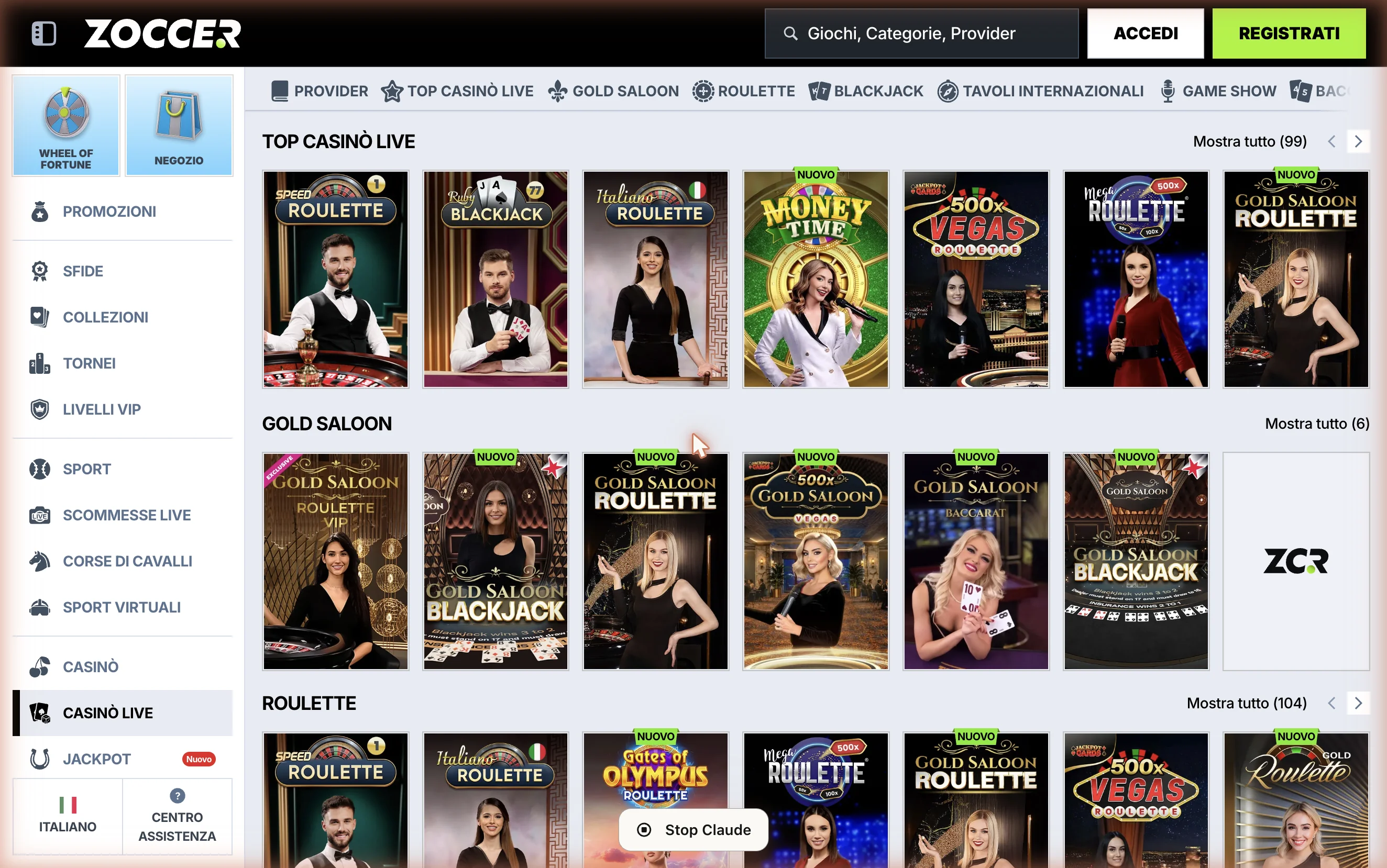sezione Casinò Live: tavoli “Top Casinò Live” e serie brandizzata “Gold Saloon” (roulette VIP, blackjack, baccarat a marchio Zoccer)