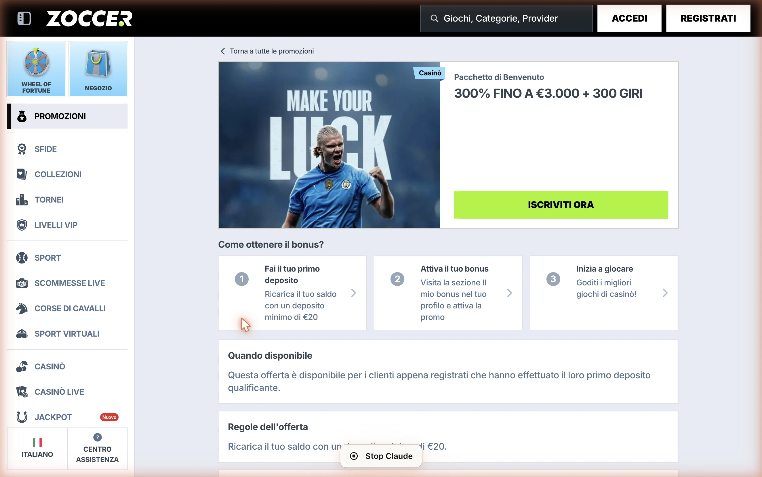 pagina promozione “Pacchetto di Benvenuto” con i tre step (deposito minimo €20 → attivazione dal profilo → gioco) e i 18 punti di termini e condizioni specifici