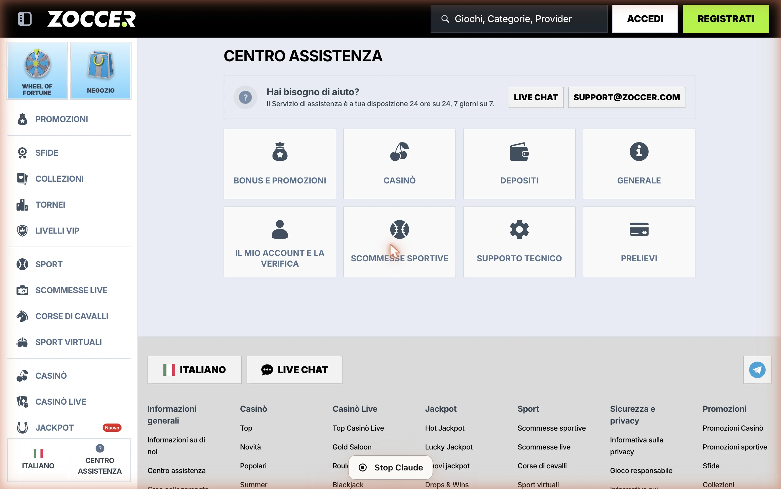 Centro Assistenza Zoccer: box “Hai bisogno di aiuto?” con pulsanti Live Chat / support@zoccer.com e griglia di 8 categorie di supporto