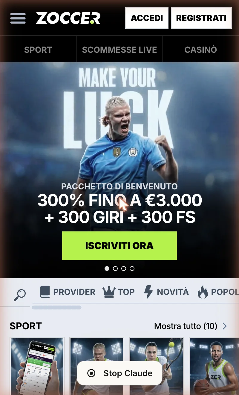 homepage Zoccer in viewport mobile 390×844px: menu compresso a icona hamburger, banner bonus “300% fino a €3.000”, categorie giochi a scorrimento orizzontale