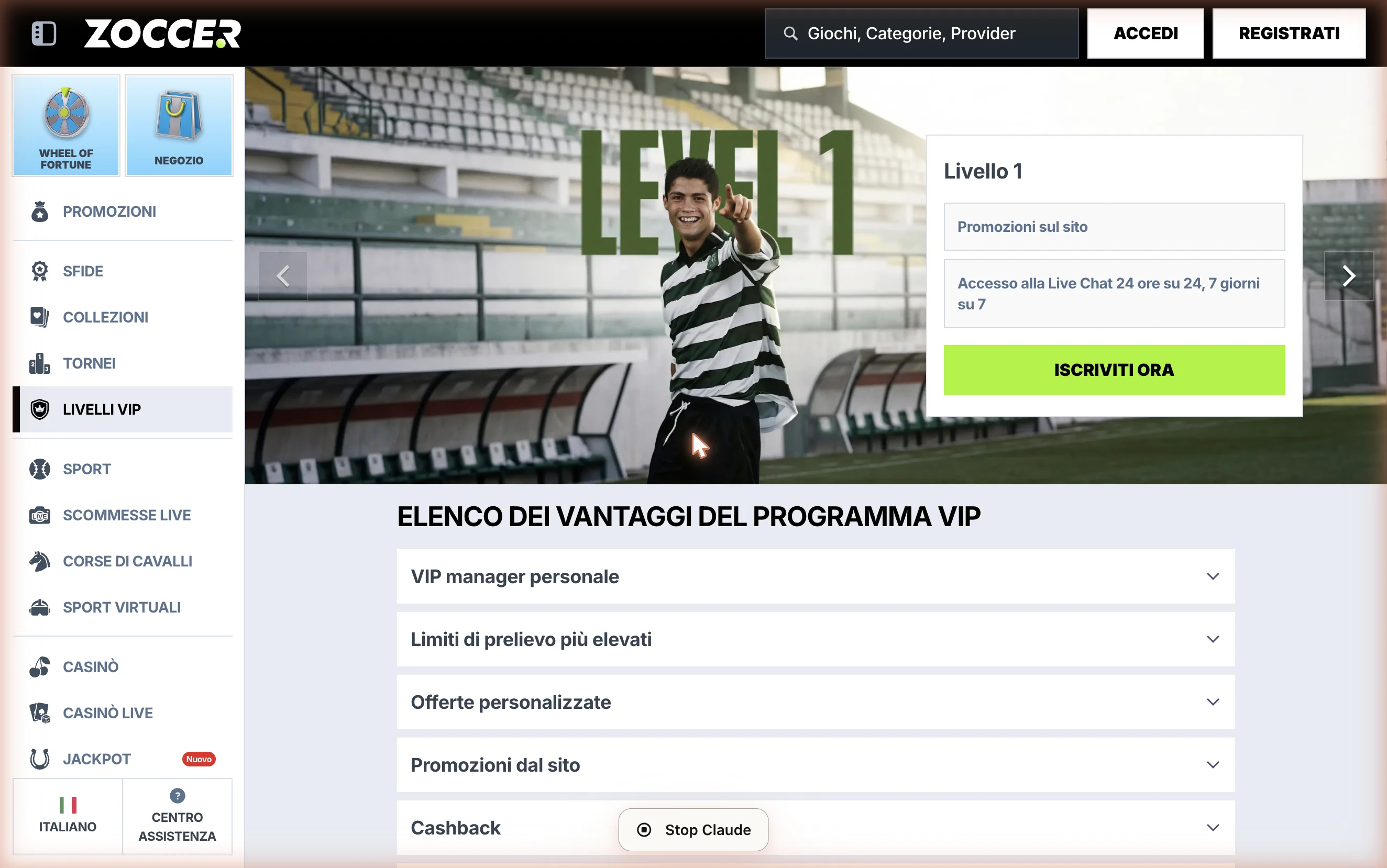 VIP Club Zoccer, slider “Livello 4” con card vantaggi (Offerte personalizzate, Limiti di prelievo più elevati, Cashback, VIP Manager personale)