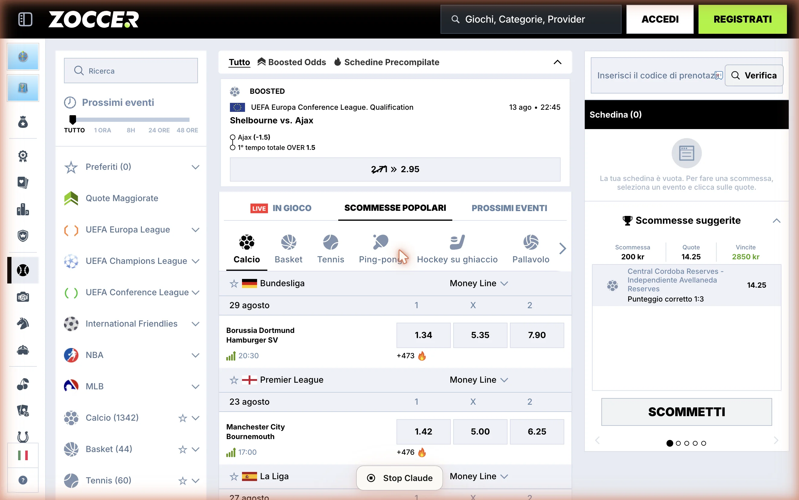 sportsbook Zoccer con quota maggiorata UEFA Europa League in evidenza, tab “In gioco / Scommesse popolari / Prossimi eventi” e schedina laterale con scommesse suggerite