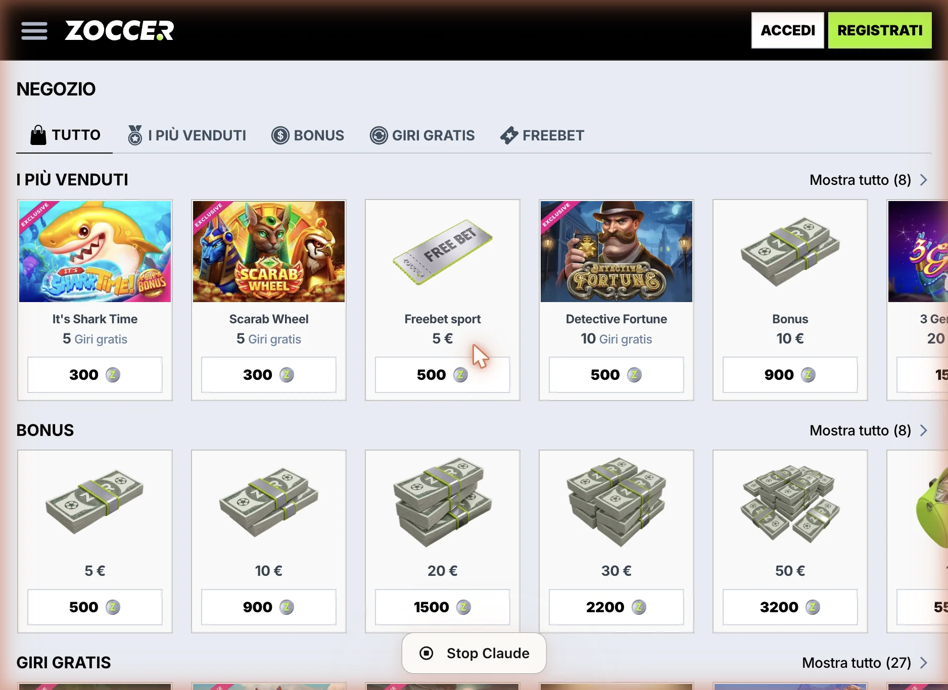 Negozio Zoccer: catalogo “Più venduti” e “Bonus” acquistabili con monete accumulate giocando (giri gratis, freebet, bonus in denaro da €5 a €50)